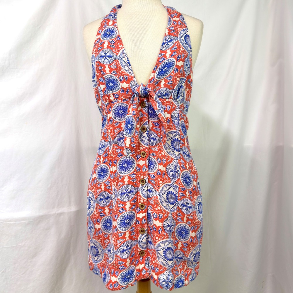 MAEVE Anthropologie Orange Blue Block Print Halter Mini Dress S Retro 70s Boho